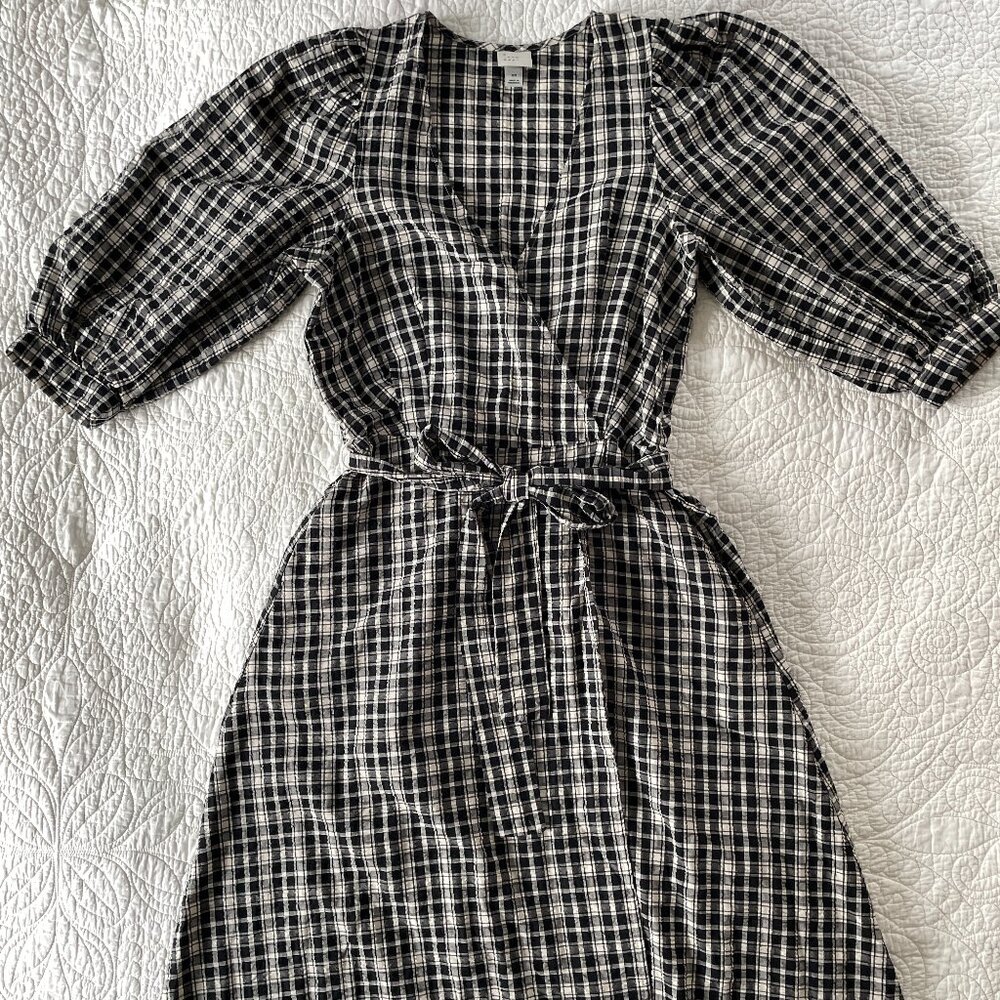 A New Day Gingham Plaid Puff Sleeve Dress XS Black Cream Faux Wrap Midi Belted
